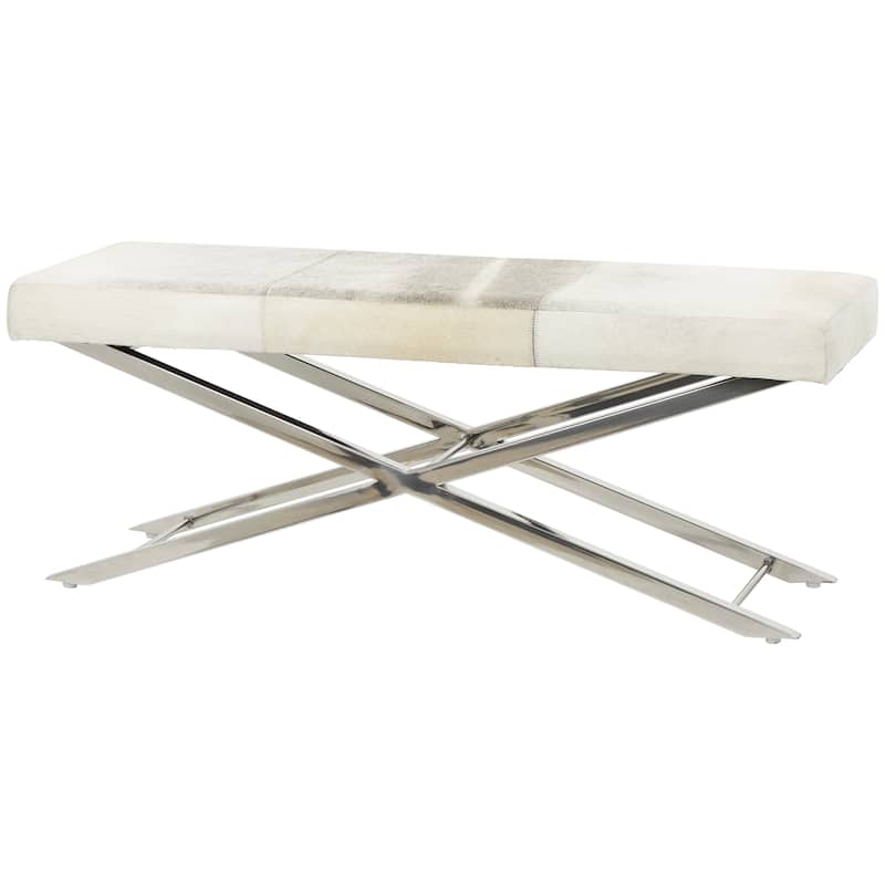 Leather Bench or Stool with Silver X-Shaped Stainless Metal Base - Beige or Gray - Roche River Decor - 46"W, 18"H