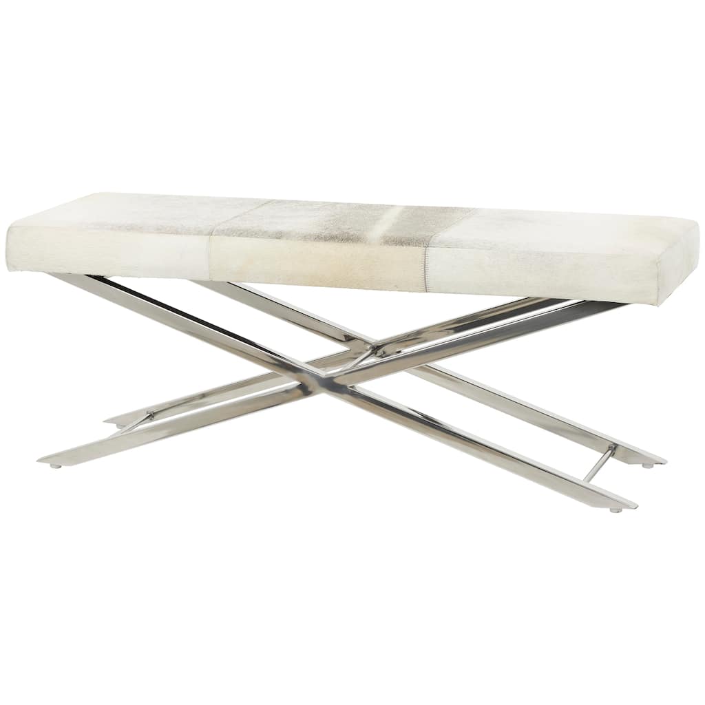 Leather Bench or Stool with Silver X-Shaped Stainless Metal Base - Beige or Gray - Roche River Decor