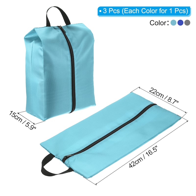3pcs Shoe Bags for Travel, Portable Nylon Shoe Bag w Zipper Waterproof - Gray, Sky Blue, Navy Blue