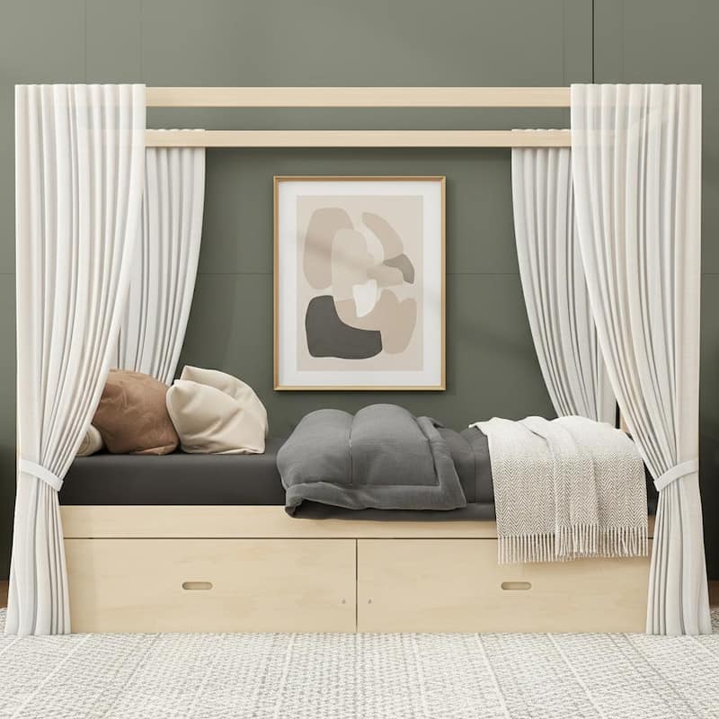 Wooden Canopy Bed with Hidden Storage Drawers by Harper&Bright Designs - Natural - King