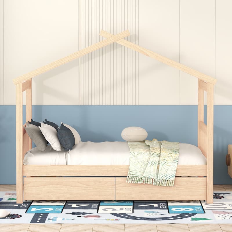 Twin Size Solid Wooden House Bed Frame with Two Drawers and 2 ...