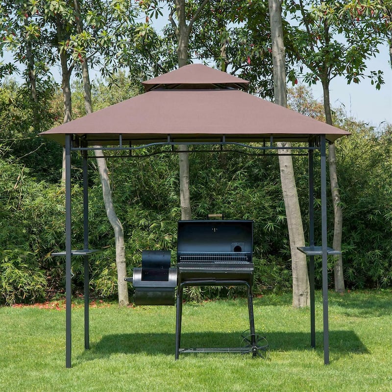 BBQ Double-Layer Ventilated Canopy Gazebo with Steel Frame and Bottle Opener 2 Side Shelves - 96.5" L x 58.3" W x 99.2" H