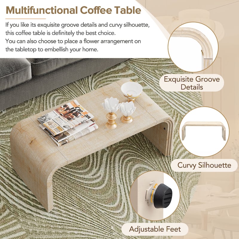 Coffee Table with Curved Art Deco Design, Minimalist Wood Rectangle Center Table, Cocktail Tea Coffee Table for Living Room