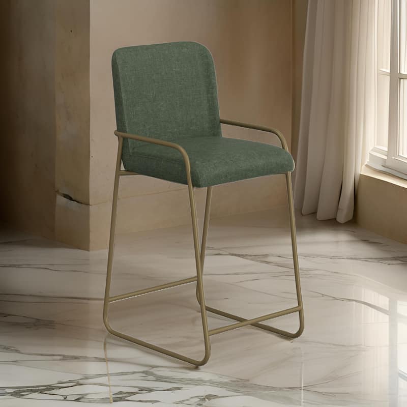 Suze Barstool Chair with Arched Back, Gold Iron, Olive Green Polyester