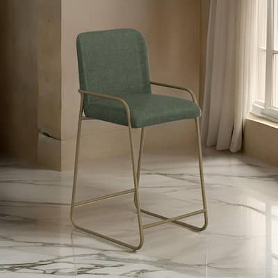 Suze Barstool Chair with Arched Back, Gold Iron, Olive Green Polyester