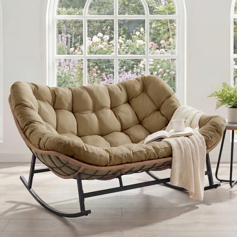 60" Double Papasan Rocking Chair for 2, 700-lb Capacity Wicker Egg Rocker with 5.1" Thick Cushion