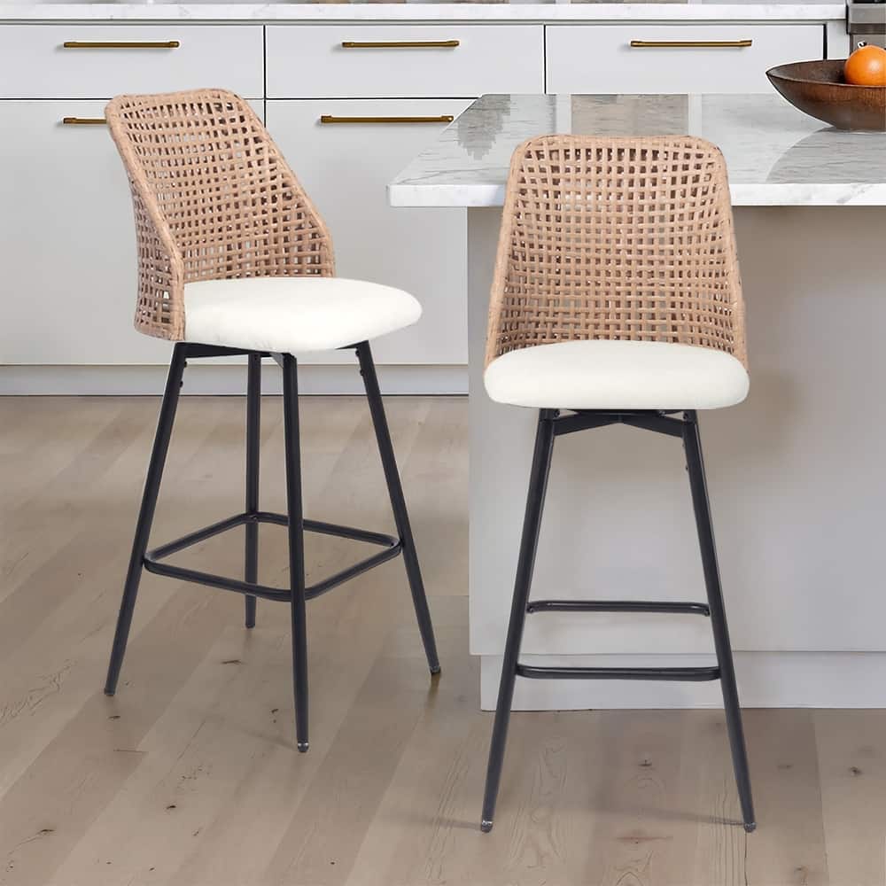 Chenille Counter Height Swivel Bar Stools Rattan Back with Metal Legs