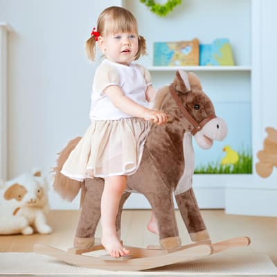 Plush Wooden Kids Rocking Horse with Padded Seat and Handles