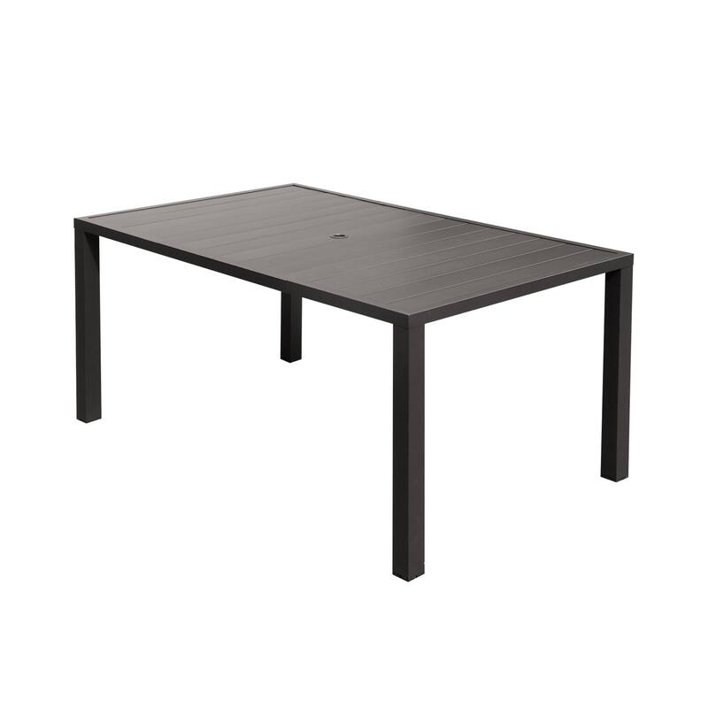 Outdoor Dining Table for 6 Person, Rectangular Slatted Metal Patio Table for Deck Garden Lawn Backyard Use with Umbrella Hole