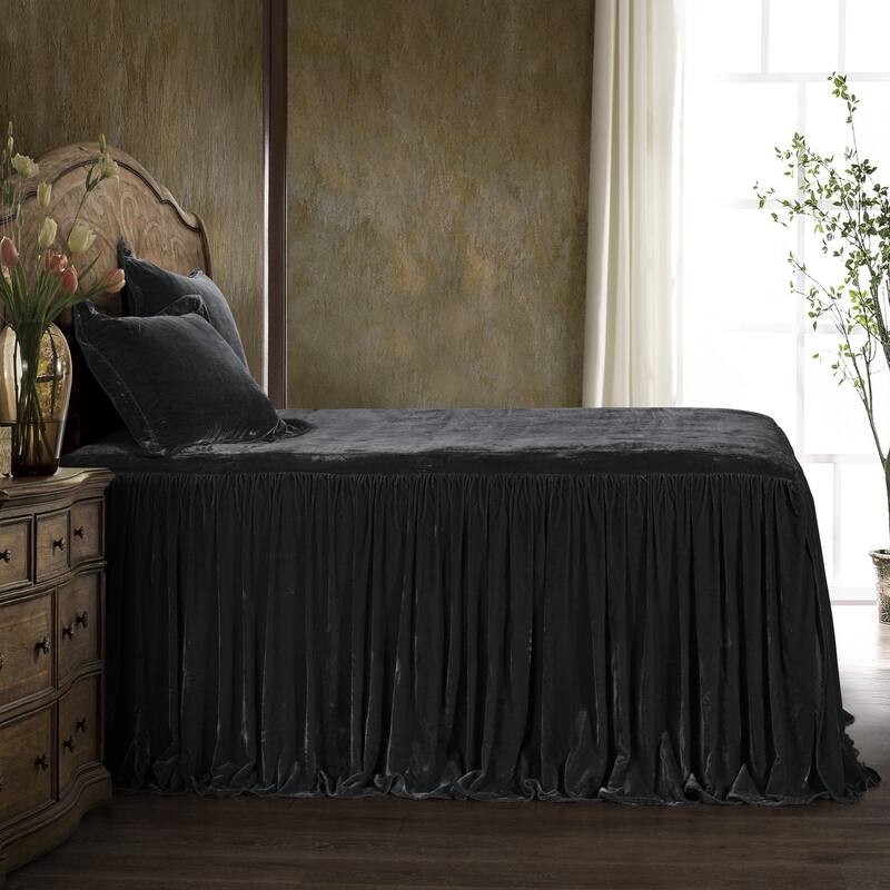 HiEnd Accents Stella Faux Silk Velvet Ruffle Skirt 3 Piece Bedspread Set with Pillow Shams - Black - Queen