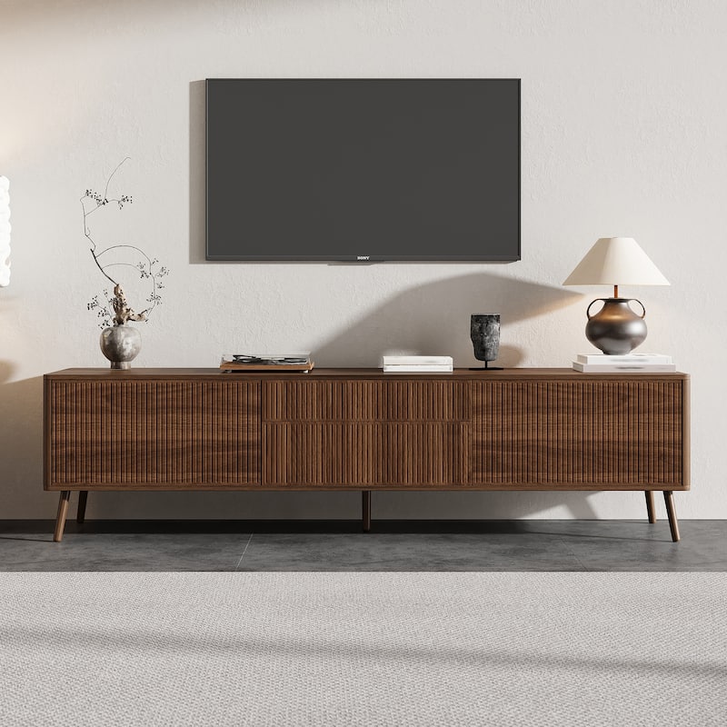 Roomfitters 70 Inch Fluted TV Stand for TVs up to 80 Inch, Media Console with Storage Drawers, Cabinets & Soft-Close, Walnut