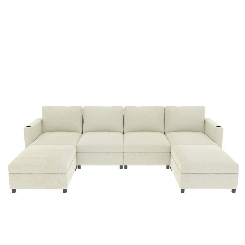 Modern U-Shape 6-Seater Sectional Sofa Bed with Storage Ottomans, Chenille Fabric