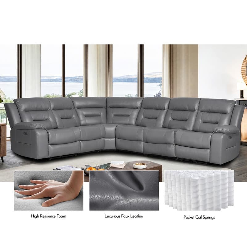 119'' Faux Leather Power Recliner 6-Seat Large Sectional Reclining Sofa with USB Port