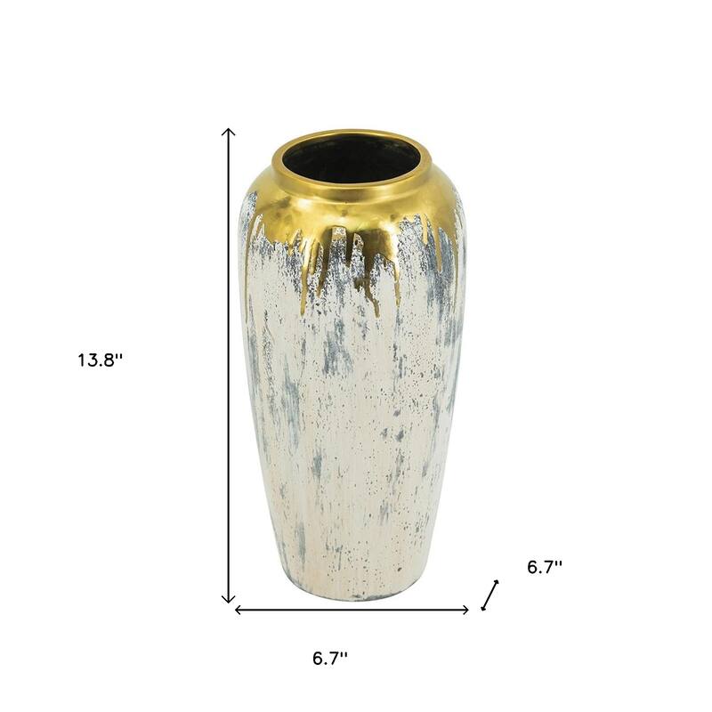 14" Gray Ivory And Gold Modern Abstract Ceramic Table Vase - 6.70