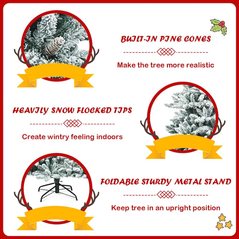 Gymax 7FT Snow Flocked Christmas Tree Hinged Fir Tree w/ Pine Cones - See Details