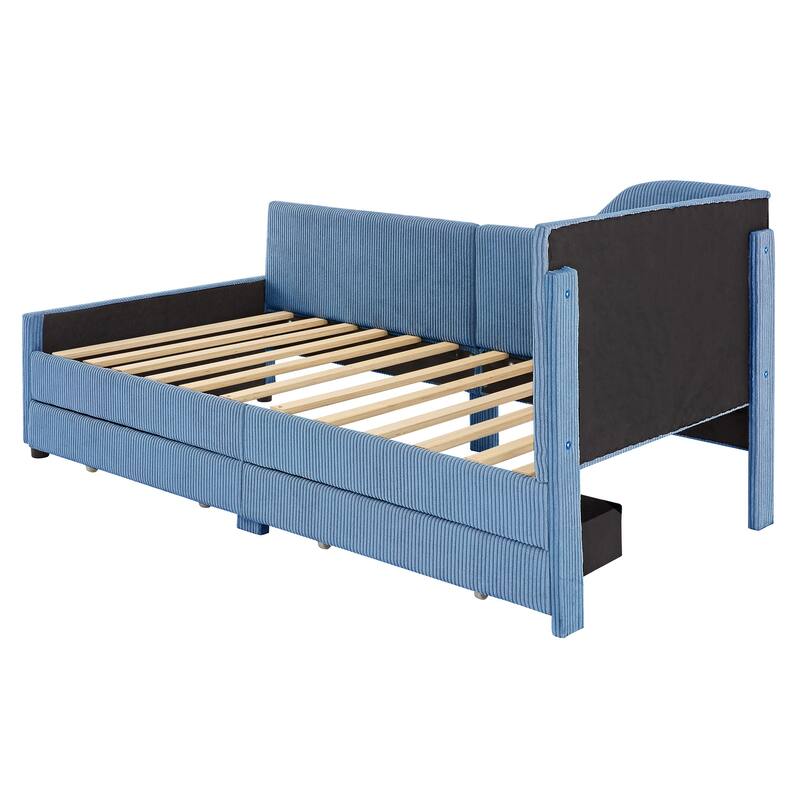 L-Shaped Corduroy Daybed,Upholstered Bed Frame with 2 Storage Drawers
