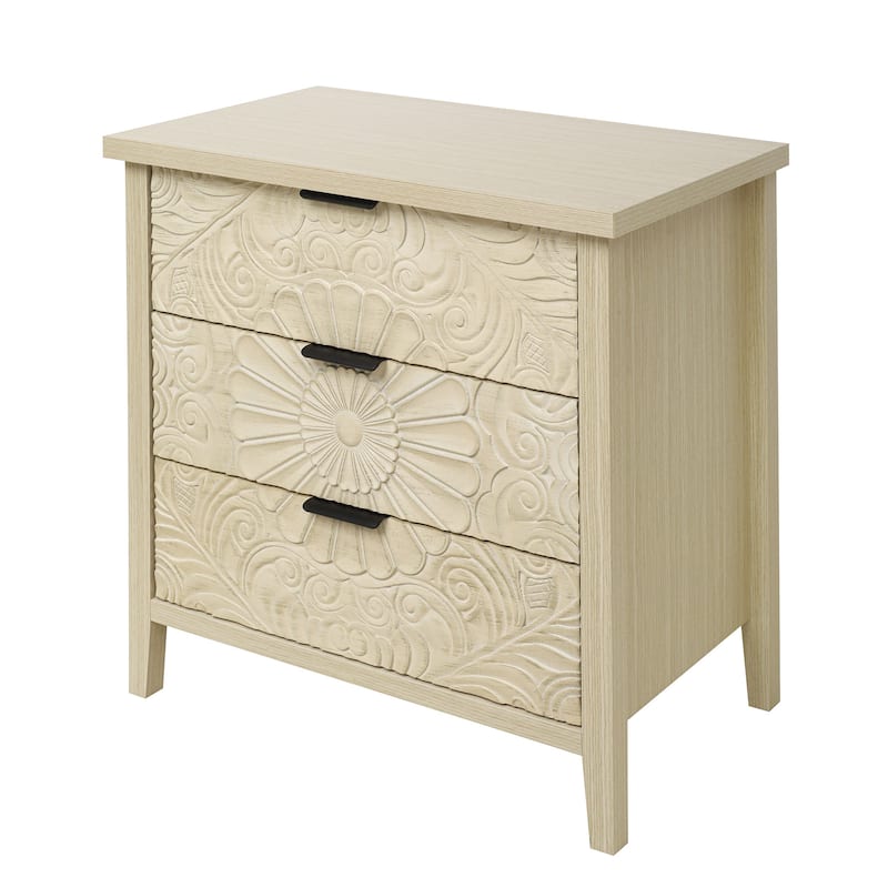 Roomfitters 3 Drawer Dresser Storage Cabinet, Carved Wood Chest of Drawers, Natural