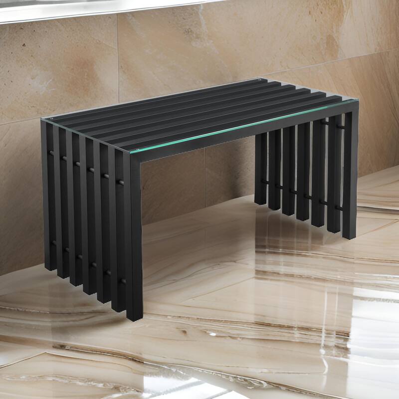 Namo 55 Inch Office Desk, Tempered Glass Top, Slatted Black Metal Frame