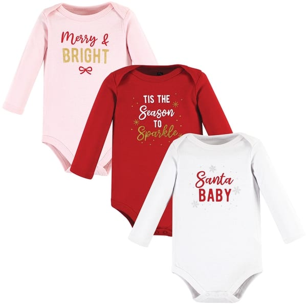 slide 1 of 1, Hudson Baby Infant Girl Cotton Long-Sleeve Bodysuits, Girl Christmas Sayings 0-3 Months - Girl Christmas Sayings