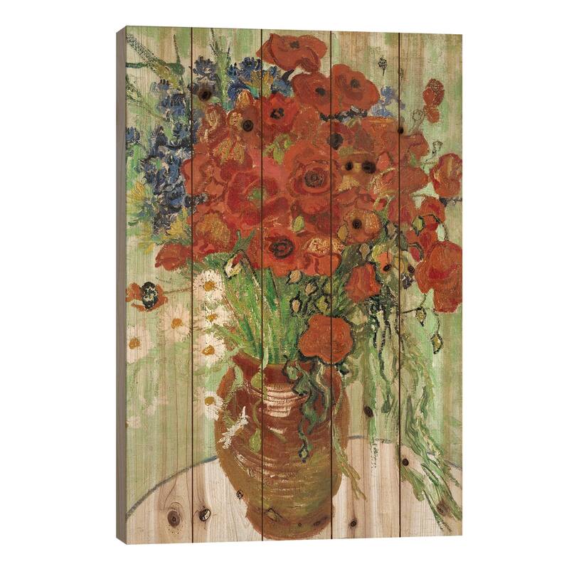 Vase with Daisies and Poppies Print On Wood by Vincent van Gogh - Multi-Color - 26x18x1.5