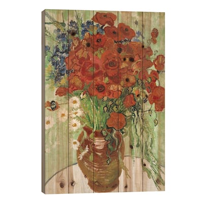 Vase with Daisies and Poppies Print On Wood by Vincent van Gogh - Multi-Color