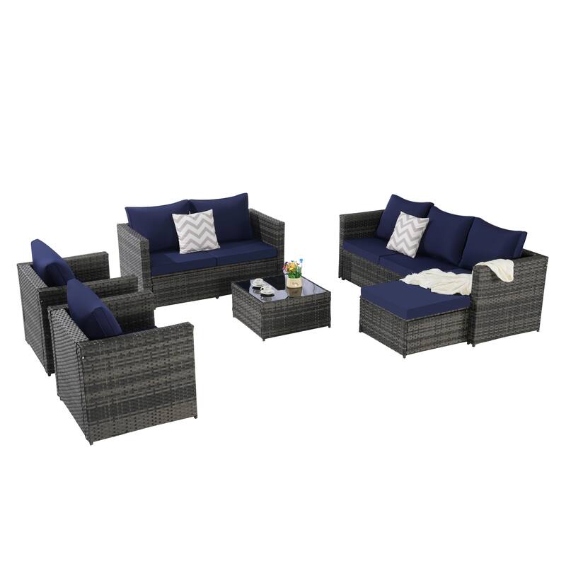 6 Piece Patio Conversation Set for 7 People, All Weather Weave Rattan Outdoor Sectional Sofa with Coffee Table and Cushions