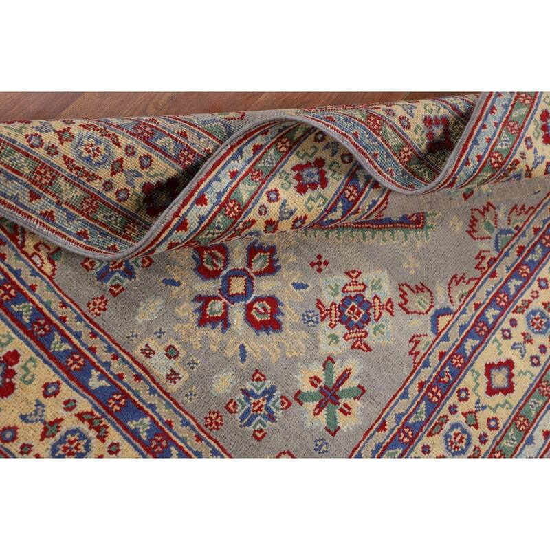 Gray Geometric Kazak Accent Rug Handmade Wool Carpet - 3'3" x 5'0"