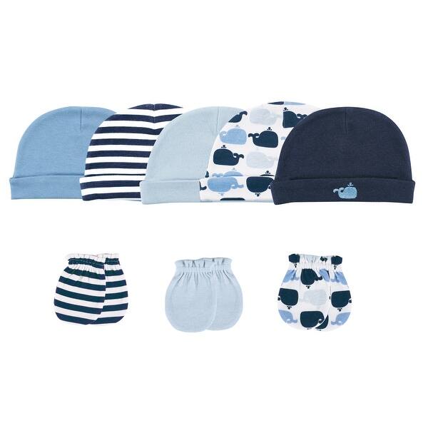 slide 1 of 1, Luvable Friends Baby Boy Cotton Caps and Scratch Mittens 8pk, Whale, 0-6 Months - Whale 0-6 Months - Whale