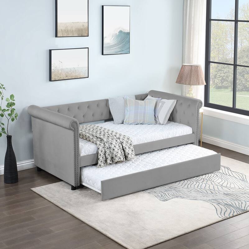 Grey Twin Upholstered Tufted Velvet Daybed with Trundle & Round Armrests