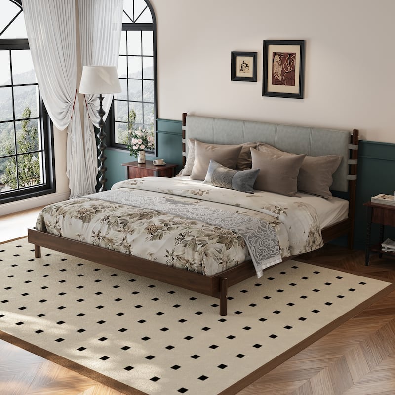 King Size Platform Bed Frame with Headboard, Walnut & Light Grey, Mid Century Modern Design - Light Gray