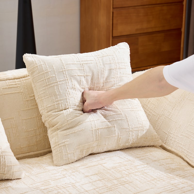 L-Shaped Sectional Sofa with Chaise Lounge, Chenille Upholstered 4 Seater Sofa, Compressed Sofa with Throw Pillows