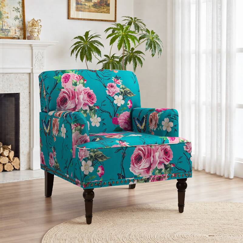 Striped Upholstered Linen Armchair with Brass Nailhead Trim