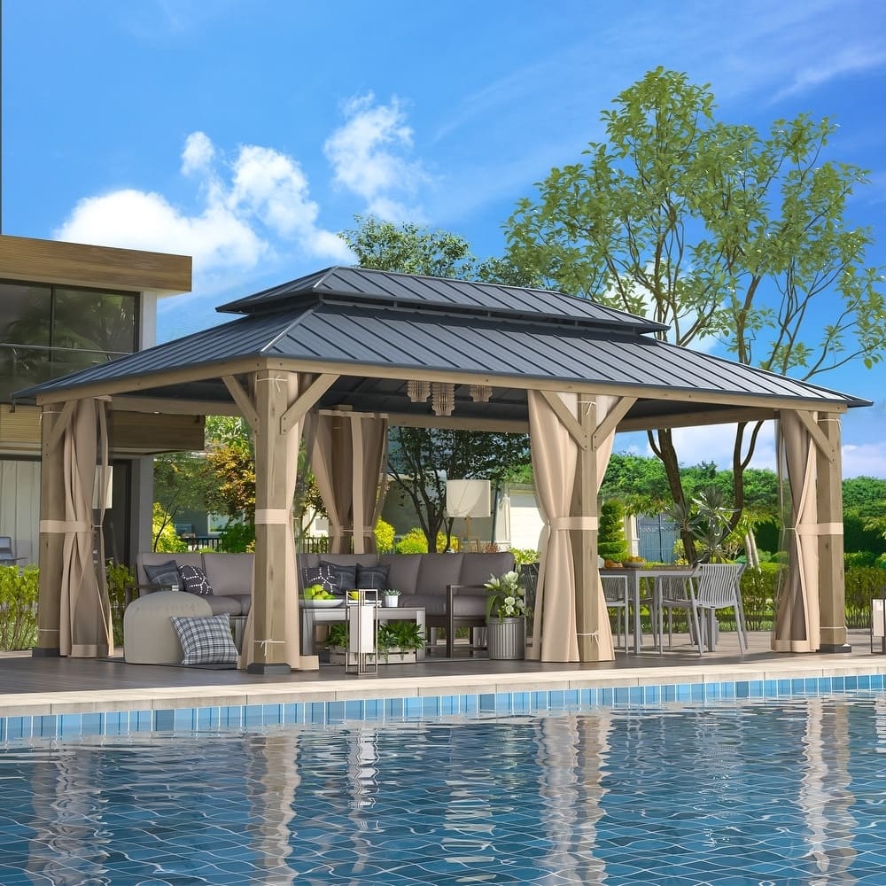 Cedar Wood Gazebo for Outdoors - Hardtop Waterproof Backyard Pergola, Natural Wood Patio Cover with Easy Assembly