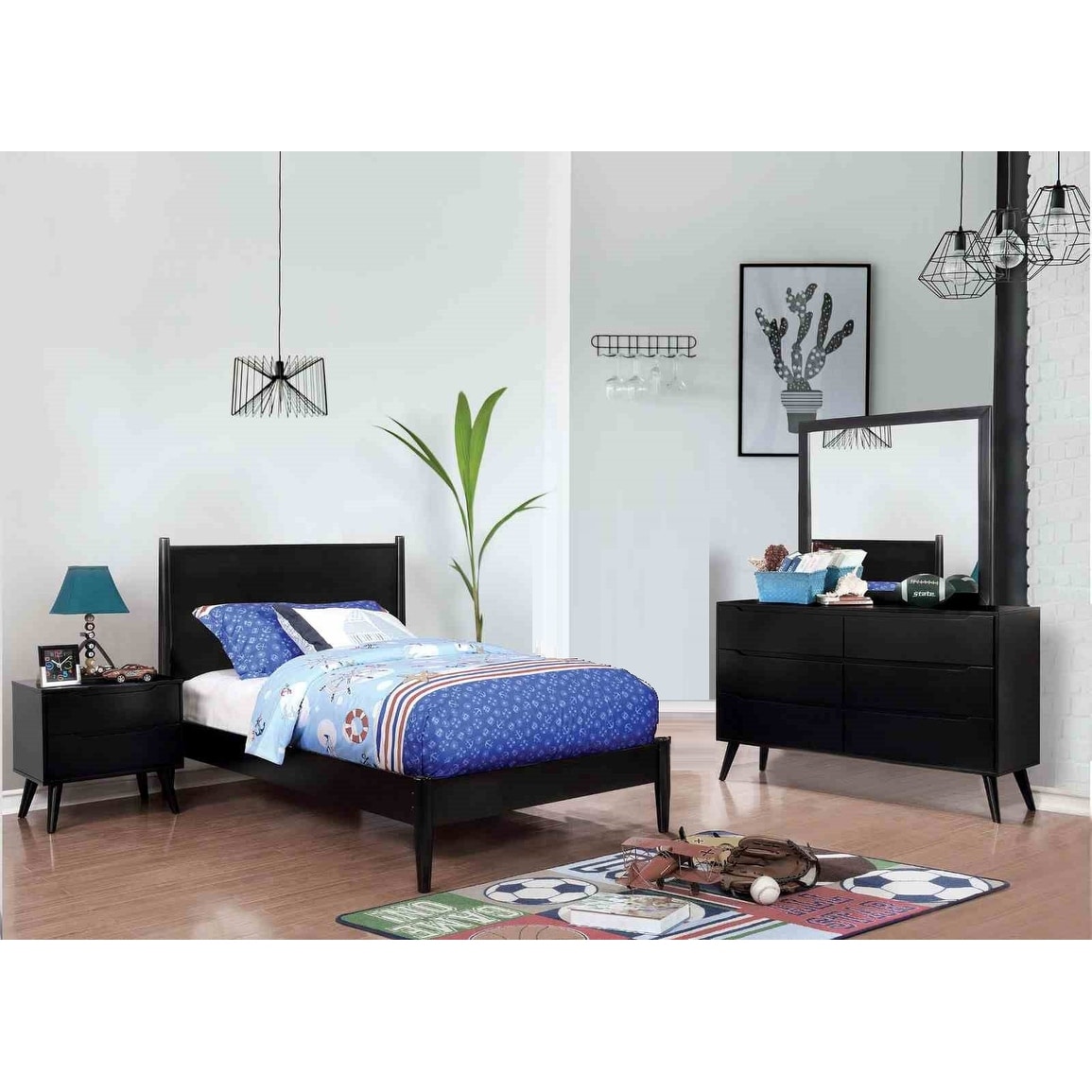 Mid Century Modern Black Finish 4pc Bedroom Set Bed Dresser Mirror Nightstand