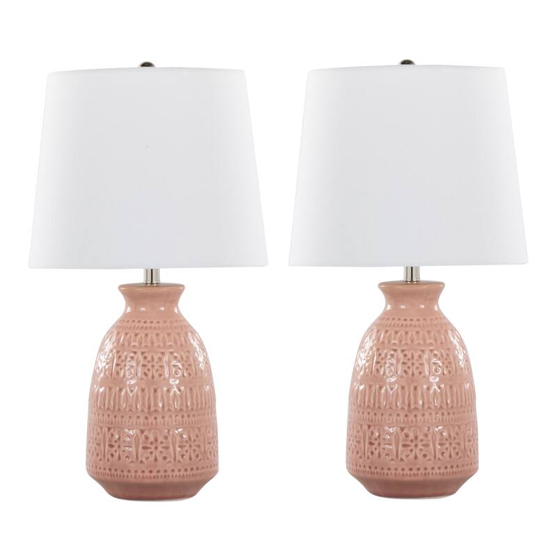 Porch & Den Claudia 20" Ceramic Table Lamp with Patterned Base & Linen Shade (Set of 2) - 20 - Rose Tan Ceramic/White Shade