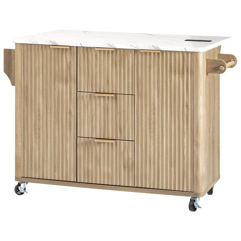 55.5" Storage Power Outlet Kitchen Island with Drop Leaf and 3 Drawers