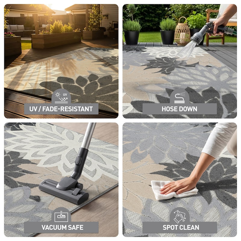 World Rug Gallery Indoor/Outdoor High-Low Textured Area Rug, Floral Easy-Clean Patio Rug