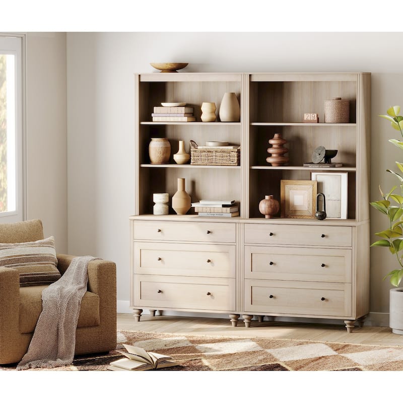 Light Beige Bookcase with Doors, Large Wood Farmhouse Book Case Shelf - 6 drawers