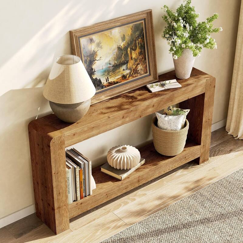 Solid Wood Console Table with Storage, 63-Inch Farmhouse Entryway Table - 62.99" L x 11.81" W x 33.46" H