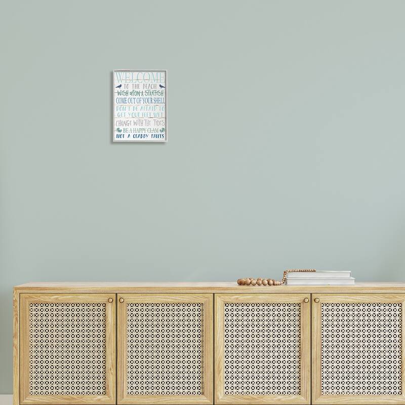 Stupell Welcome to the Beach Blue Aqua and White Planked Look Sign Framed Giclee Texturized Art by Jennifer Pugh