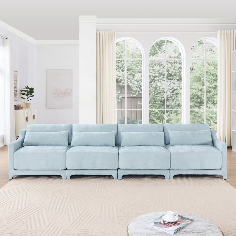 Four seater chenille sofa with lumbar pillow - Sky Blue