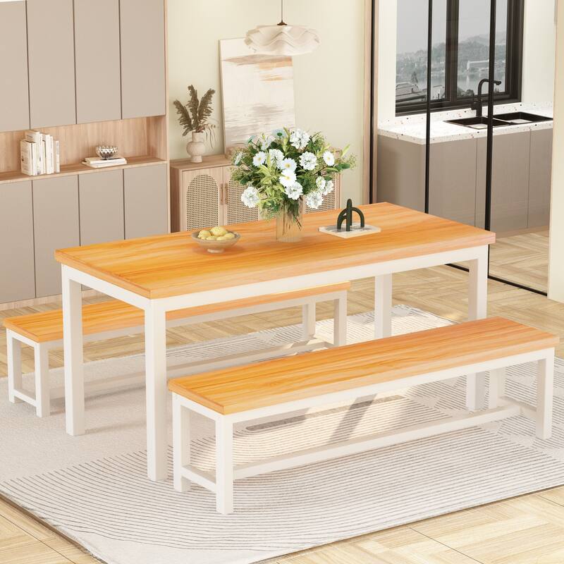 Mieres 3-Piece Dining Table Set with Two Benches, Kitchen Table Set for 4-6 Persons