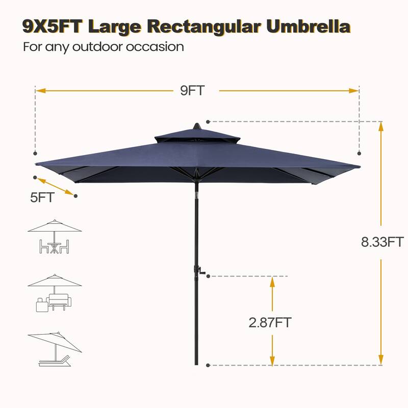 VredHom 9 x 5 Ft Outdoor Rectangular Market Umbrella with Double Top