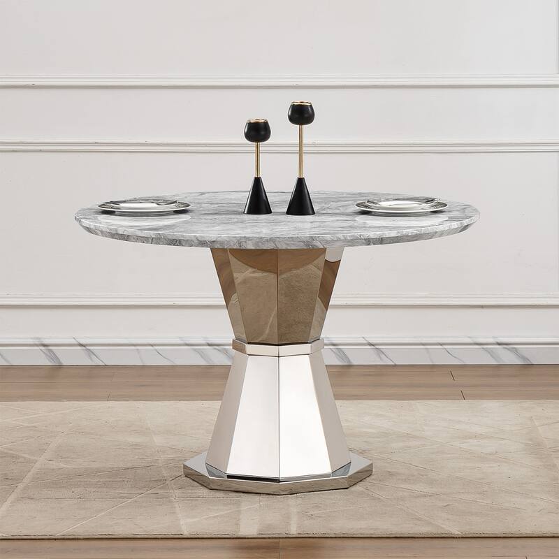 47" Round Dining Table with Faux Marble Tabletop and Stainless Steel Base - Gray+Silver