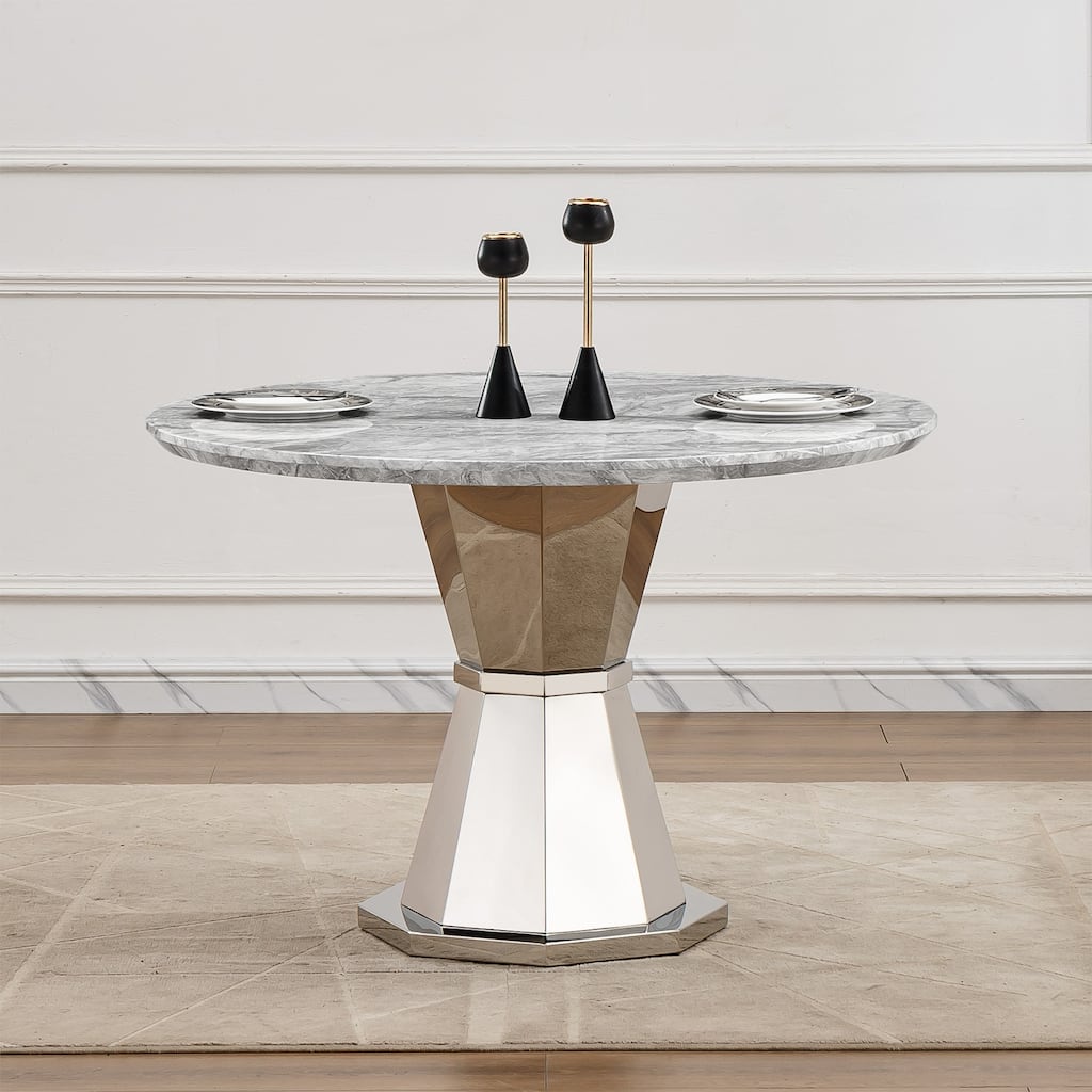 47" Round Dining Table with Faux Marble Tabletop and Stainless Steel Base - Gray+Silver