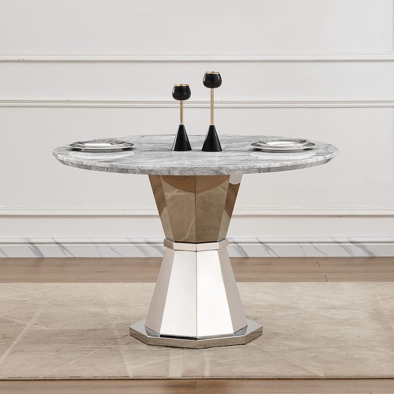 GDFStudio - Jane Series 47" Round Marble Dining Table and Stainless Steel Base for Dining Room, Kitchen - Gray+Silver