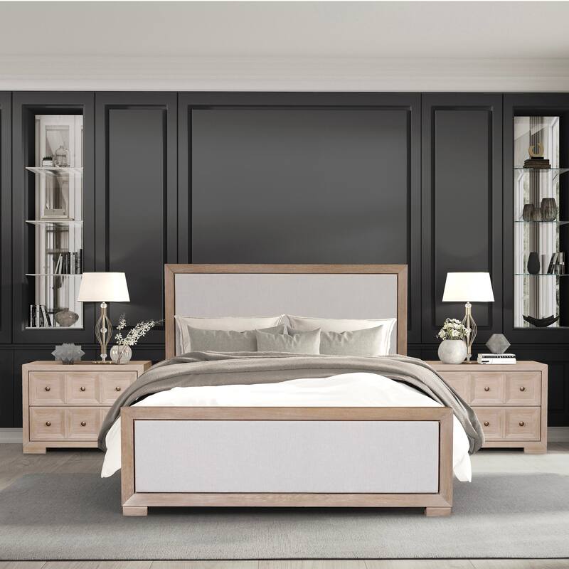 Furniture of America Durem II Modern Classic 3-Piece Solid Wood Panel Bedroom Set with 2-Drawer Oversized Nightstand - Tawny - Queen