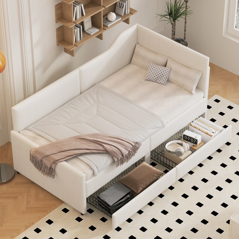 Pink Twin L-Shaped Upholstered Daybed with Corduroy Fabric and 2 Storage Drawers, Space-Saving Platform Bed Frame