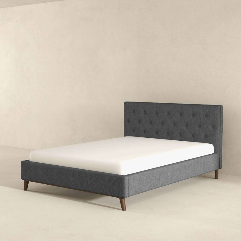 Queen Size Modern Upholstered Platform Bed with Tall Tufted Headboard, Solid Wood Legs, No Box Spring, Grey Fabric Finish - Grey Queen - Queen