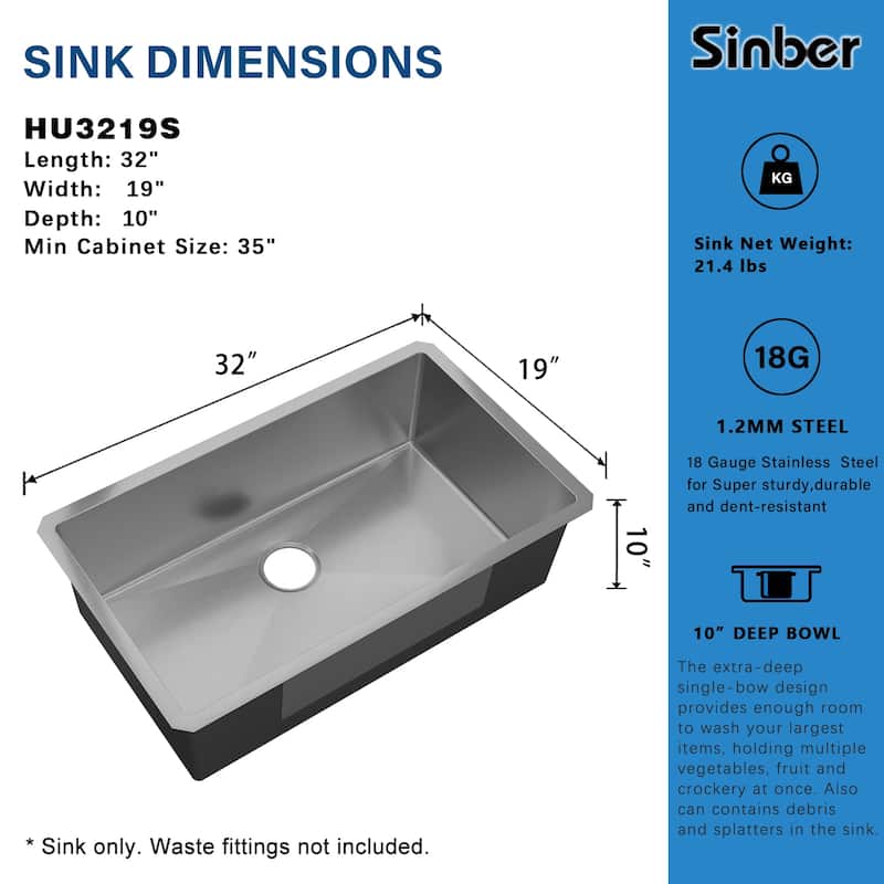 Sinber Undermount Single Bowl 304 Stainless Steel Kitchen Sink